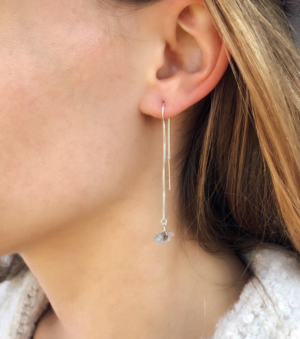 Silver Ear Threaders in Herkimer Diamond-Earrings-Waffles & Honey Jewelry-Waffles & Honey Jewelry