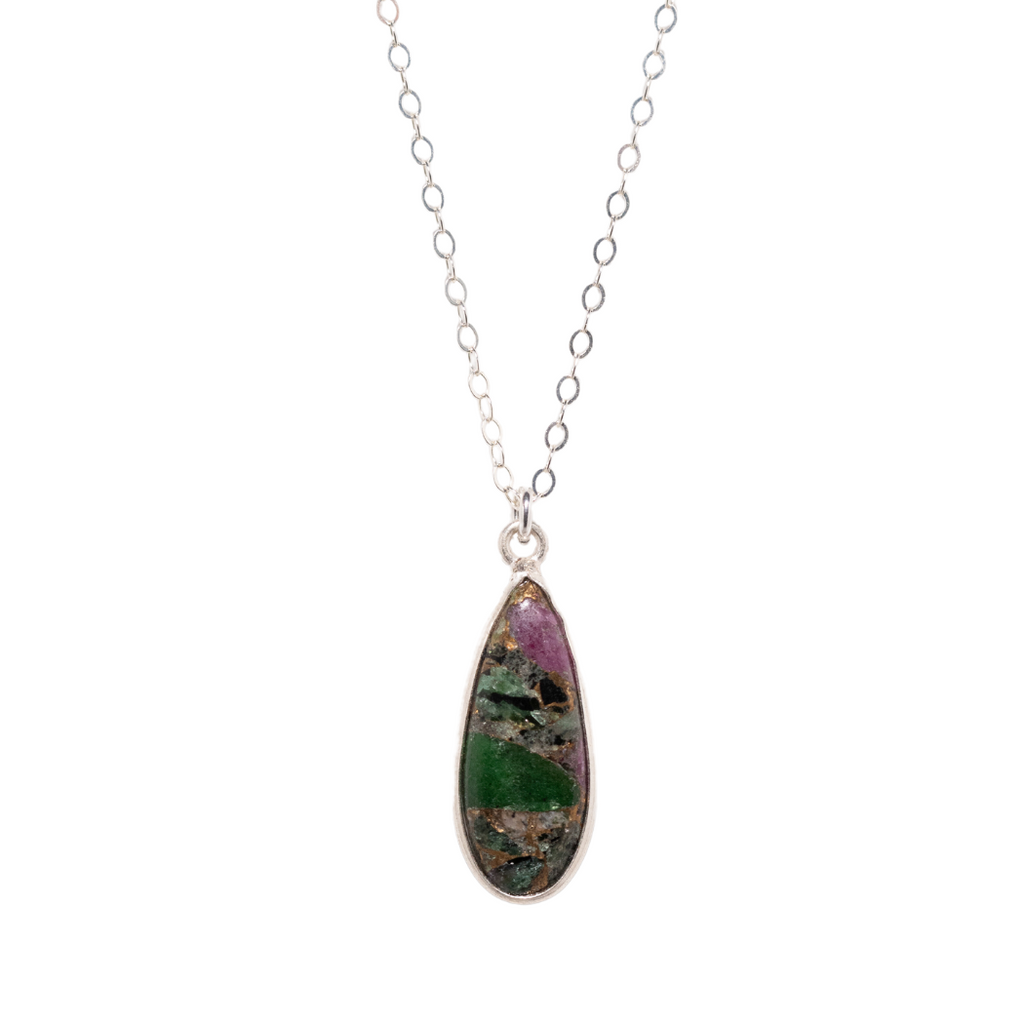Green Copper Infused Turquoise Teardrop Necklace in Silver