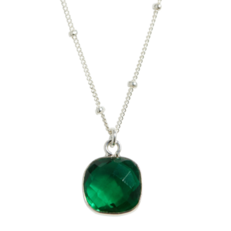 Silver Cushion Cut Necklace in Green Onyx