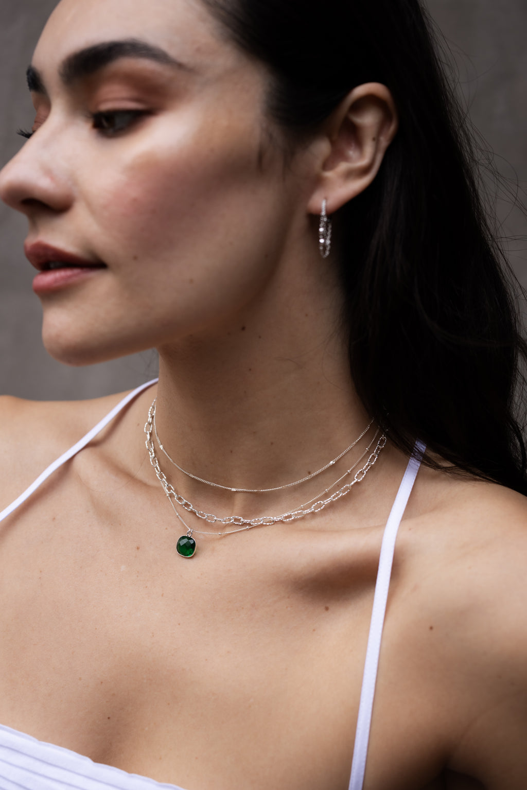 Silver Cushion Cut Necklace in Green Onyx