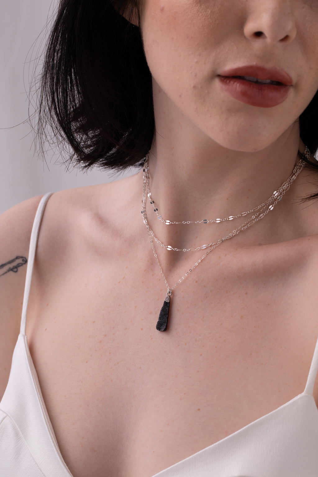 Black Druzy Teardrop Necklace in Silver