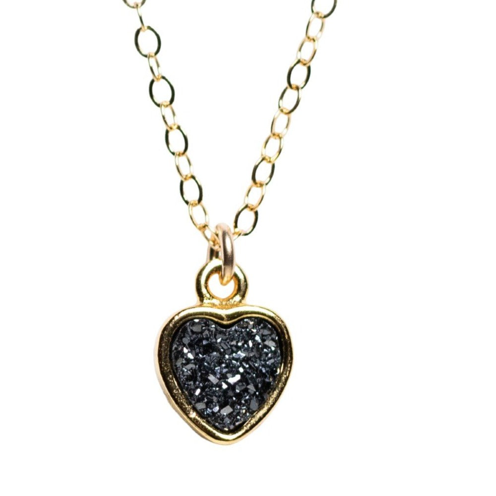 Black Druzy Heart Necklace Gold
