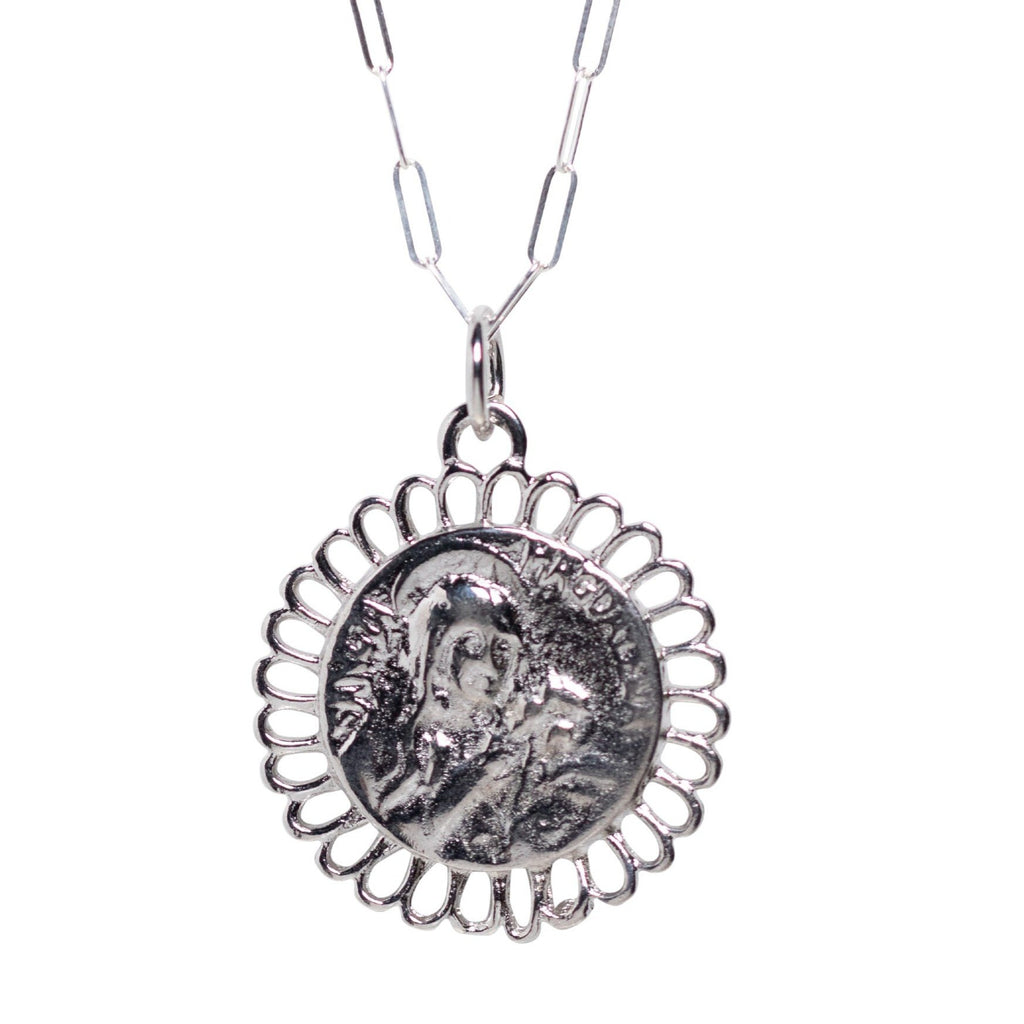 Mother Mary Flower Necklace Silver