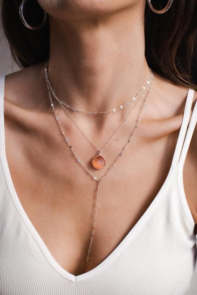 Orange Quartz Teardrop Necklace in Silver