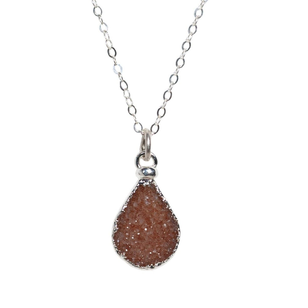 Peach Druzy Teardrop Necklace in Silver - Waffles & Honey Jewelry