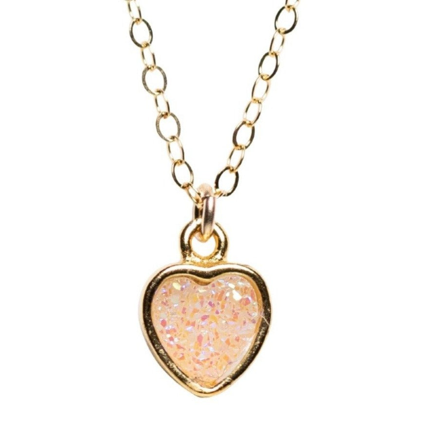 White Druzy Heart Necklace Gold
