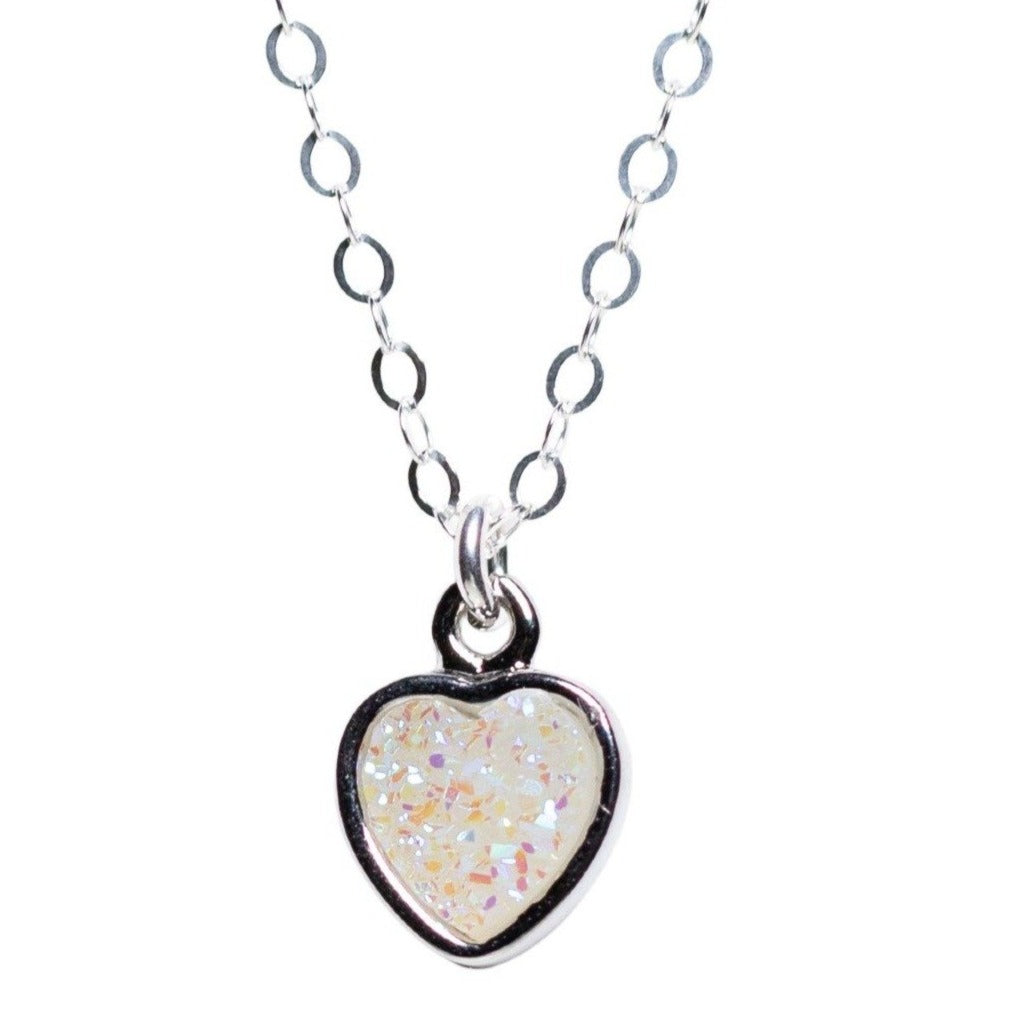 White Druzy Heart Necklace Silver