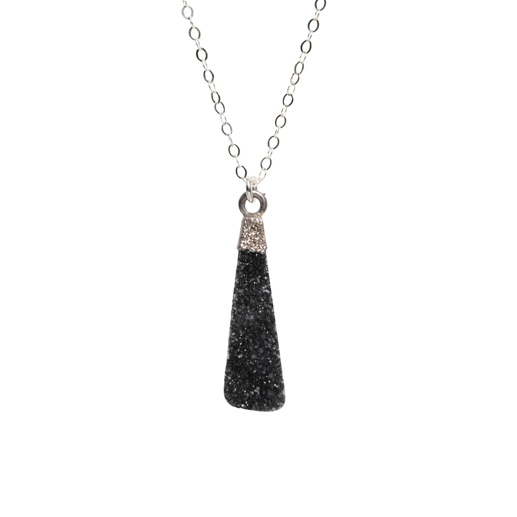 Black Druzy Teardrop Necklace in Silver