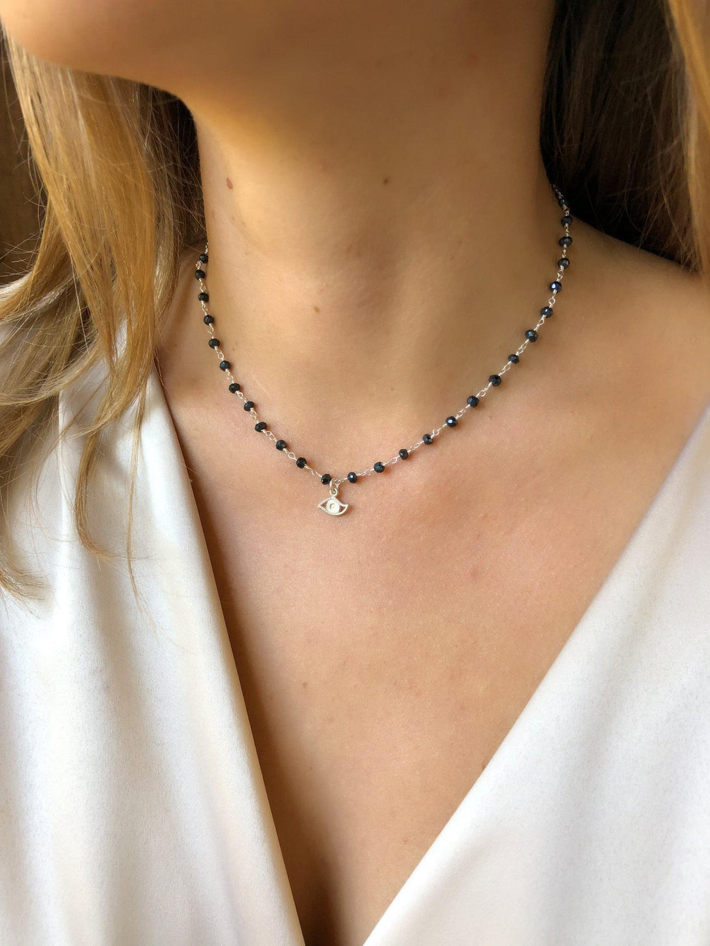 Monica Rosary Evil Eye Choker in Silver-Necklaces-Waffles & Honey Jewelry-Waffles & Honey Jewelry