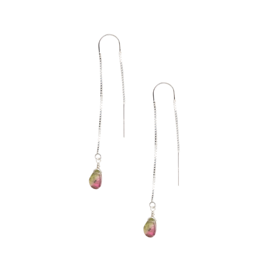 Silver Ear Threaders in Watermelon Tourmaline